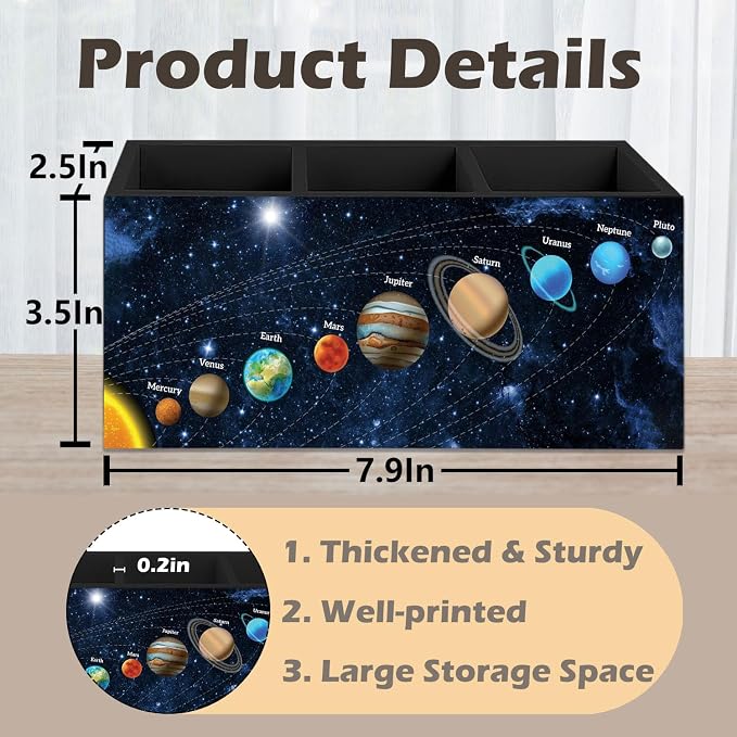 Outer Space Decor Wooden Pen Pencil Holder for Desk, Black Space Themed Bedroom Decor Gift for Kids Men, The Solar System Wood Makeup Brush Toothbrush Holder Organizer for Library Bedroom