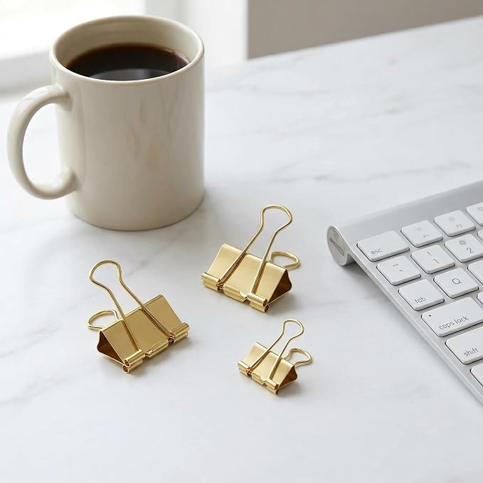 Fasmov 174 Pcs Gold Binder Clips Paper Clamps, Assorted Sizes Paper Clamps Clips (Small, Medium, Large), Office Clip with Container, Binder Clip for Office School and Home Supplies