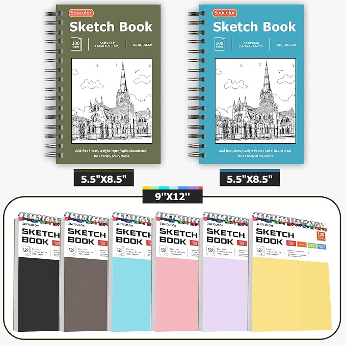 Soucolor Sketchbook 5.5" x 8.5", 2 Pack Mini Sketch Book | Spiral Bound Sketch Book with 200 Sheets 68lb/100gsm Acid-Free Paper, Drawing Notebook for Adults Kids Artists Art Supplies