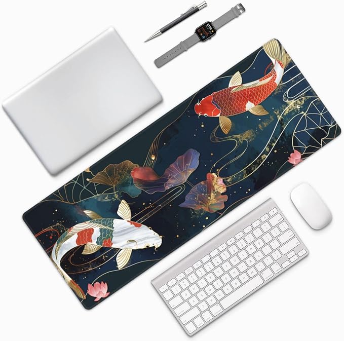 Gaming Mouse Pad Desk Pad,Extended Big Mouse Pad,31.5x11.8 Inch Long Computer Keyboard Mouse Mat Mousepad with 3mm Non-Slip Base and Stitched Edge for Gaming and Office⦠(koi)