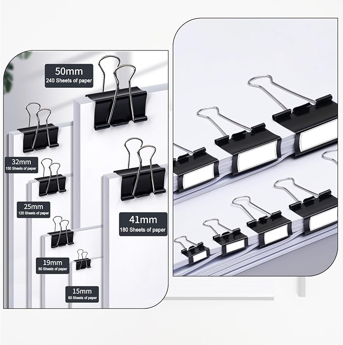 300Pcs Assorted Binder Clips Bulk Black Paper Clamps Office Supplies | 6 Sizes Jumbo, Large, Medium, Small, Mini and Micro, Metal Metal Binding Med Clips for Teachers Business