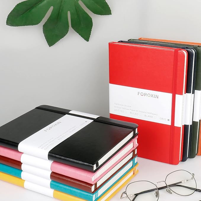 Grid Journal Bullet Notebook - Red Leather Cover, 8.3 x 5.7Inch, 160 Pages, 100gsm Paper, Hardcover with Inner Pocket, Elastic Closure and Ribbon Bookmark, Great for Women and Men