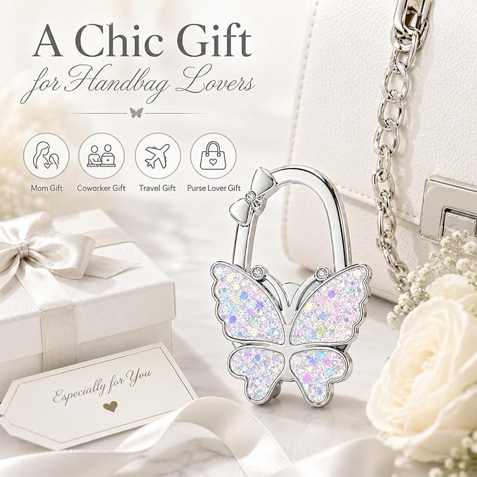 Purse Hook for Table, Foldable Handbag Hanger for Women, Portable Bag Holder with Non-Slip Base, Cute Bling White Butterfly Purse Table Hook for Restaurant Office Travel Gift