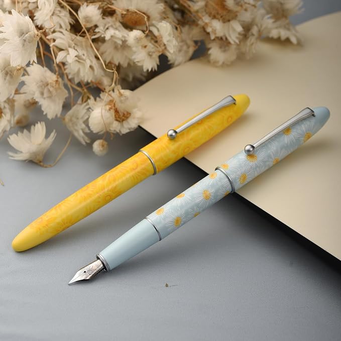 HONG DIAN C3 Fountain Pen, Iridium Extra Fine Soft Nib Chinese Knot Carving, Light Blue & Little Daisy Painting Design with Metal Box Set
