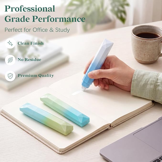 Temiary 5 Pcs White Correction Tapes, Aesthetic White Smooth Pull Out Tape Pens for Instant Corrections, Easy to Use Tear-Resistant Pen Shaped Applicator for Office School Supplies (Gradient Green)