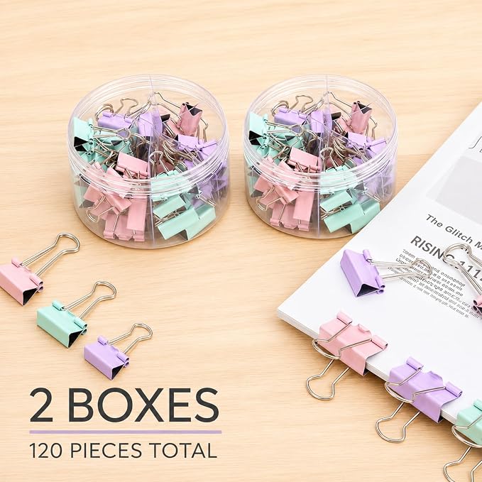 Binder Clips Assorted Sizes, Durable Metal Binder Clips for Office, Cute Desk Supplies for Teachers Student (120, Morandi)
