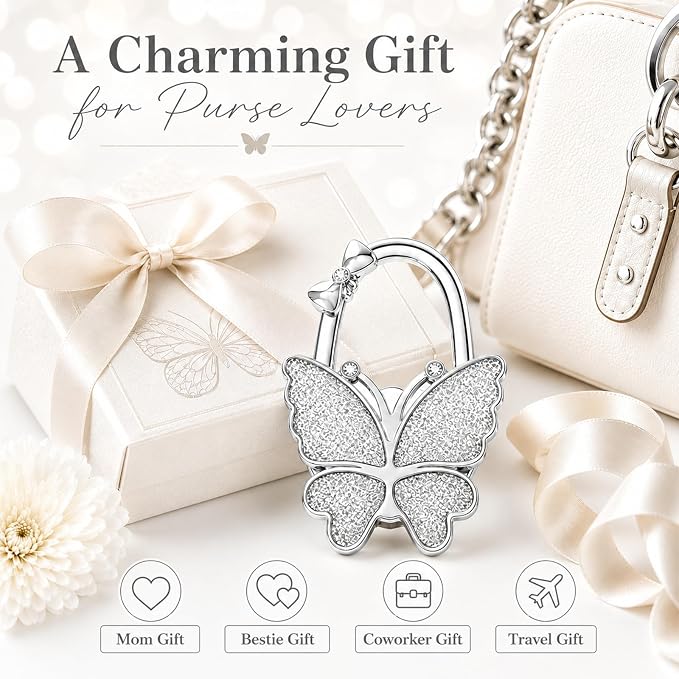 Purse Hook for Table, Foldable Handbag Hanger for Women, Portable Bag Holder with Non-Slip Base, Cute White Glitter Butterfly Purse Table Hook for Restaurant Office Travel Gift