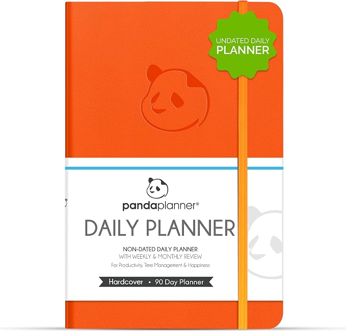 Panda Planner Classic A5 Undated Daily Planner 2026-2027, 8.25x5.75 Orange | Hourly schedule, to do list, habit tracker, gratitude journal, quarterly layout, 100 GSM paper