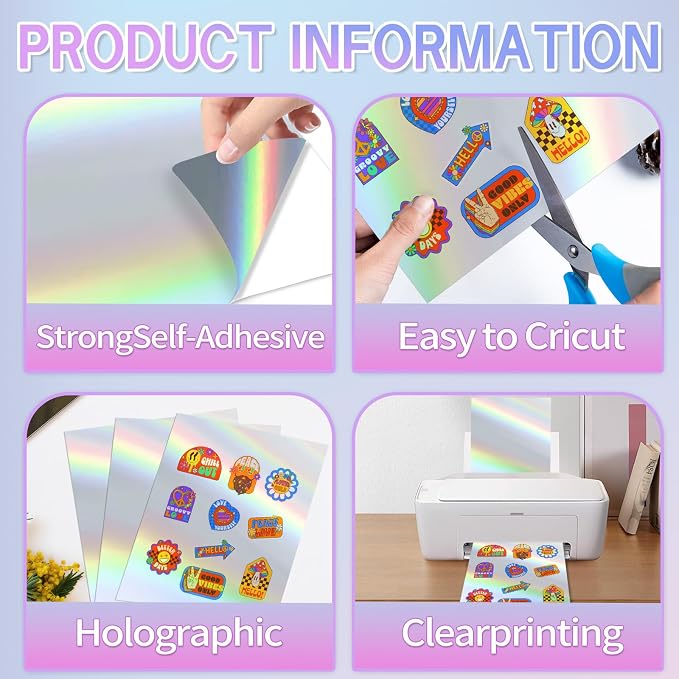 STARLIBOO 25 Sheets Holographic Sticker Paper for Inkjet&Laser Printer, Printable Vinyl Sticker Paper Waterproof Self-Adhesive (8.5" x 11"- Laser Tilted Light Beam)