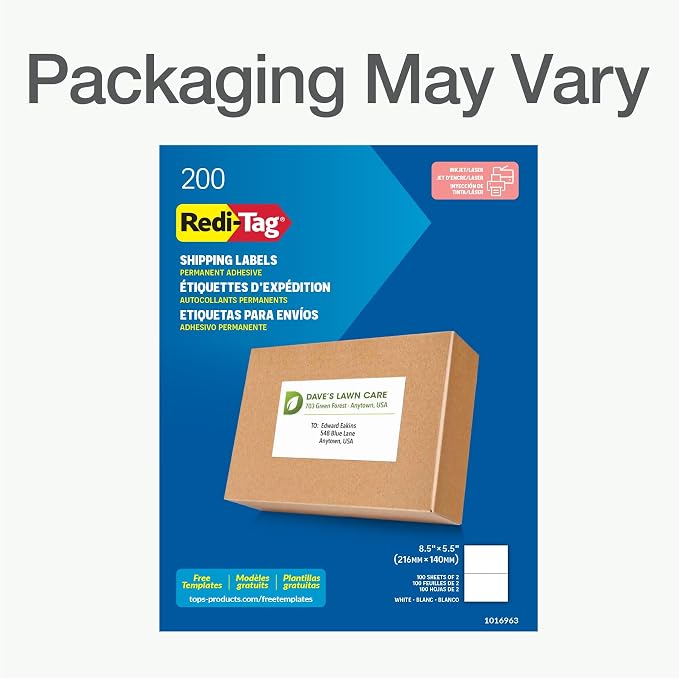 Redi-Tag 5.5" x 8.5" Shipping Labels, 200 per Pack, White, Laser & Inkjet Half Sheet Printer Labels, Self-Adhesive, Permanent Stick, Smudge-Resistant, Perfect for Shipping, Mailing, and Warehouse Use