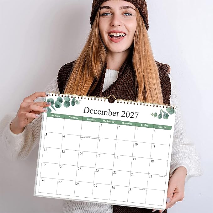 2026-2027 Calendar - Calendar 2026-2027 from July 2026 - December 2027, 19 Months Calendar with Premium Paper, Twin-Wire Binding & Hanging Hook, 12" x 14.5", Green Leaf