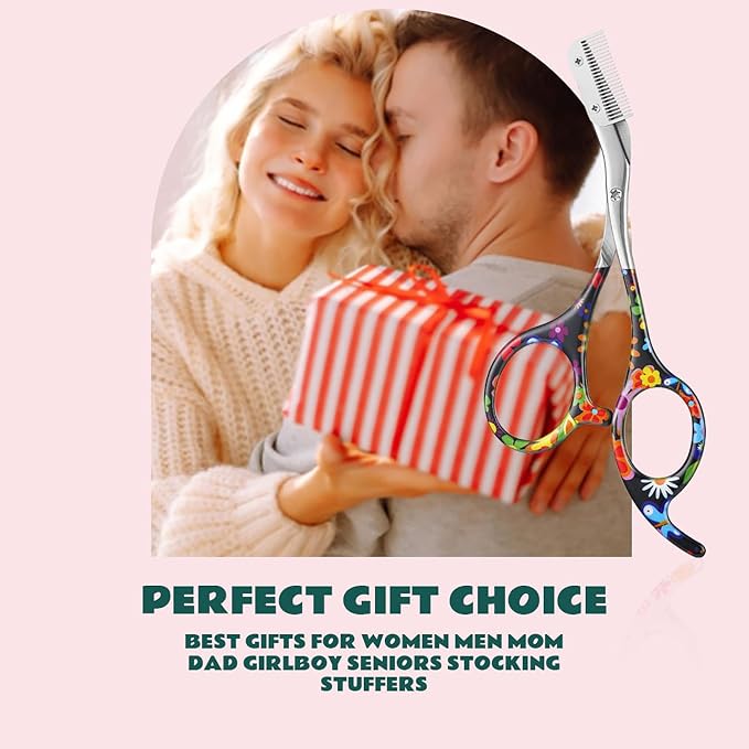 Eyebrow Scissors With Comb, Facial Grooming Scissors Kit, Professional Precision Eyebrow Trimmer Scissors,Perfect For Gifts For Women and Men (Black Flower)