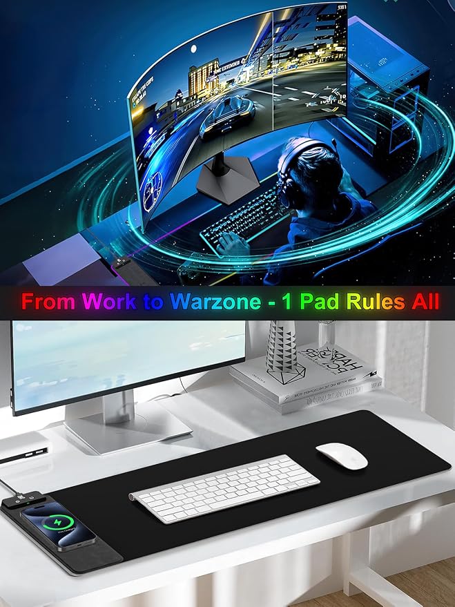 RGB Gaming Mouse Pad with Fast Wireless Charger, LED Extended Desk Mat, Home Office Large Desk Pad with Ultra-Smooth Surface, Non-Slip Base, Waterproof Keyboard Pad (Black)