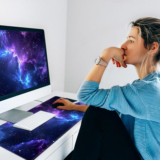 Heated Desk Pad Mouse Pad,Heated Desk Mat,with 3 Heating Levels & 3 Hours Auto Shut-Off,Leather 23.6"*14.2" Gaming Mouse Laptop Mat,Foot Warmer,Blue Purple Glitter Sky