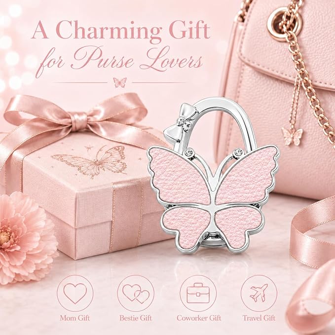 Purse Hook for Table, Foldable Handbag Hanger Holder for Women | Portable Bag Holder with Non-Slip Base, Cute Lychee Pink Butterfly Purse Table Hook for Restaurant Office Travel Gift
