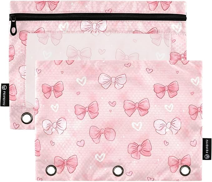 White Pink Bow Heart Pencil Pouch for 3 Ring Binder 2 Pack Zipper Binder Pencil Bag with Clear Window Pencil Case for Office Supplies