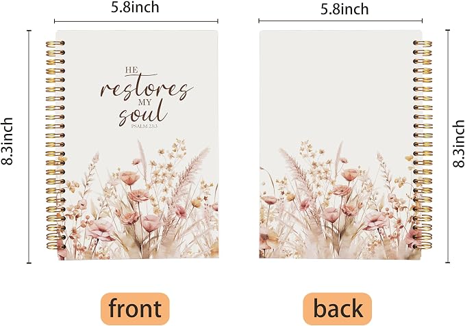 Christian Notebook for Women, Christian Gifts Journal, Prayer Journal for Women, Bible Journaling Notebook, PSALM 23:3 He Restores My Soul Floral Spiral Notebook 5.5x8.3