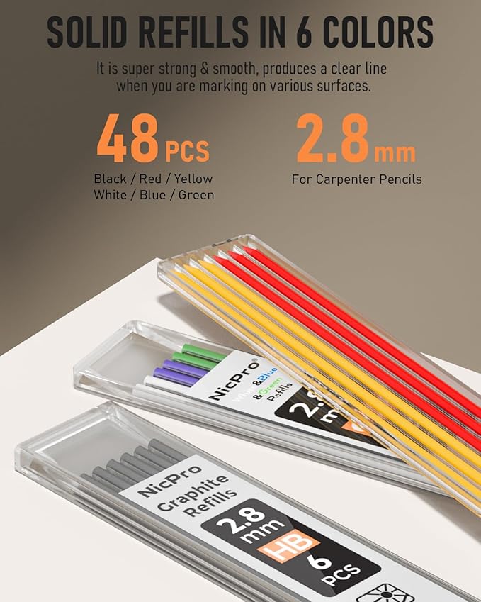 Nicpro 6 Pack Carpenter Pencil with Sharpener, Mechanical Carpenter Pencils with 48 Refill (Black,Red,Yellow,Blue,Green,White), Deep Hole Marker Construction Pencil, Heavy Duty Woodworking -With Case