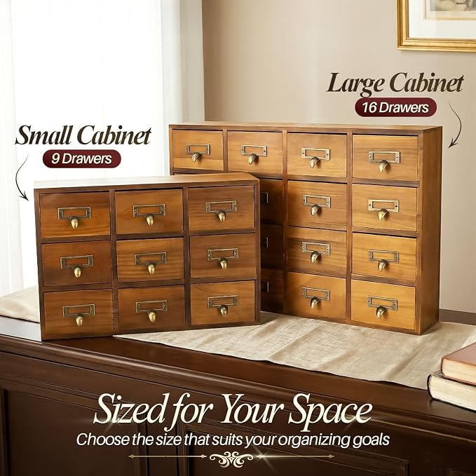 Flexzion Apothecary Cabinet with Drawers - 16 Vintage Drawers, Card Catalog Cabinet, Brown Wooden Tabletop Desktop Organizer for Home Office, Jewelry, Makeup, Tools & Small Item Storage