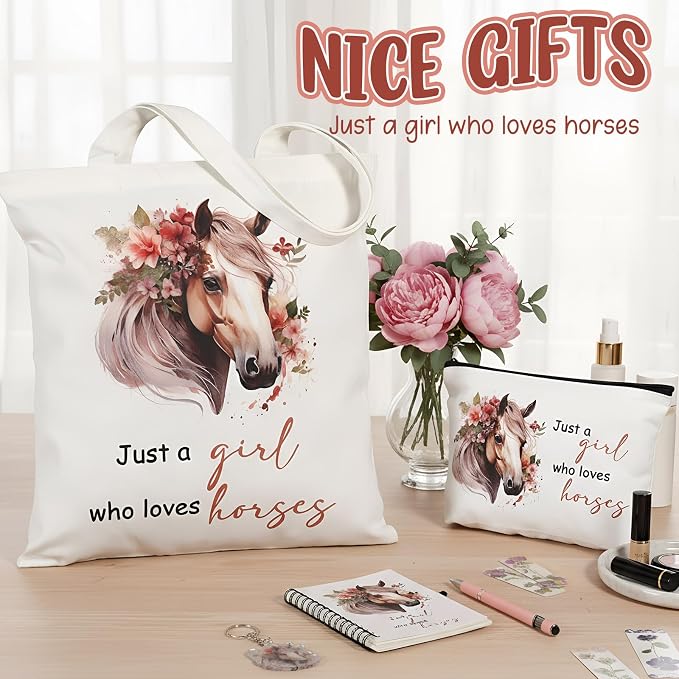 Kinlop 5 Pcs Horse Gifts for Women Include Just a Girl Who Loves Horses Tote Bag Canvas Cosmetic Bag Coil Notebook Keychain and Ballpoint Pen for Women Girls