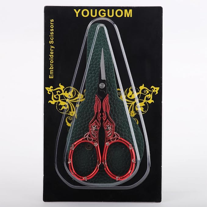 YOUGUOM Small Sewing Scissors with Cover, Needlework Shears | Sharp, Precision, Tiny Tip, for Embroidery, Craft, Crochet, Yarn, Scrapbook,Paper Cutting, Detail Thread Snips, Red