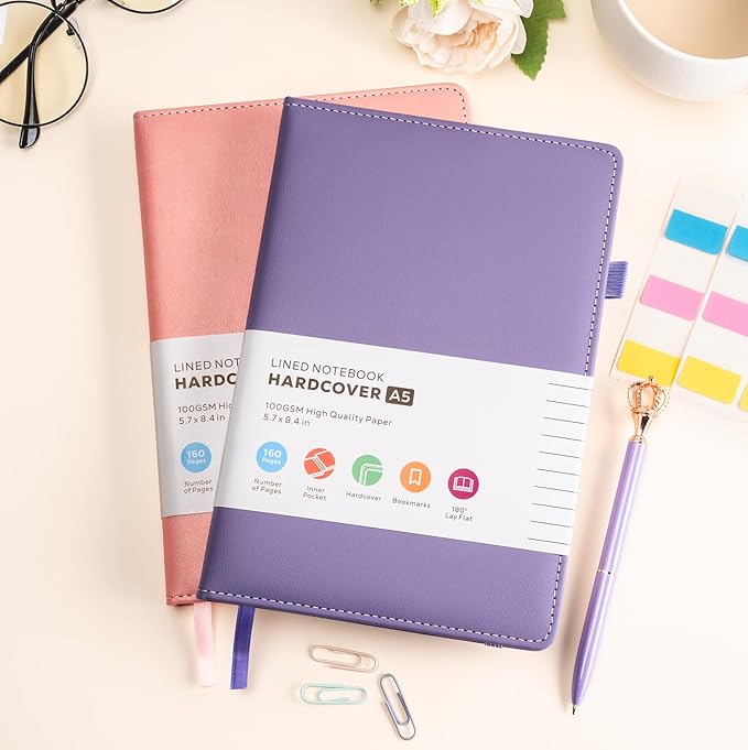 Lined Journal Notebook for Women Men, 2 Pack, 160 Pages per Pack, A5 (5.7'' x 8.4") Hardcover Journaling Notebook College Ruled for Writing Work, School Office Supplies, Pink & Purple, 100GSM Paper