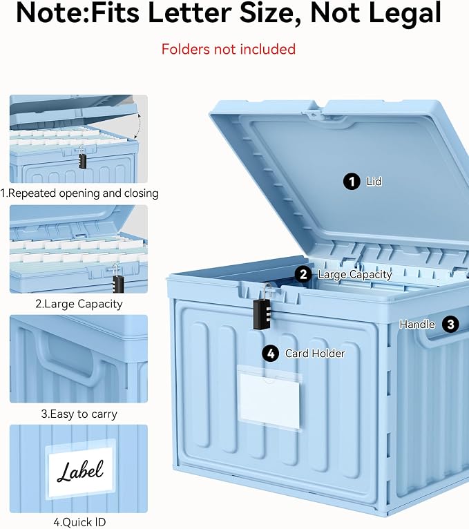 Oterri Lockable Plastic File Box with Lid for Letter-Size | Hanging File Folders Not Included. Blue, Large 2-Pack. Home, Office, Classroom, Dorm, Tax, Under Bed, Filing Cabinet.