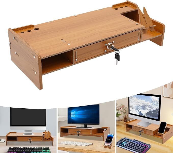 Tabletop Computer Rack, Computer Monitor Stand with Lockable Drawer & Phone Holder, Wood Monitor Stand, Suitable for Study, Office and Desk