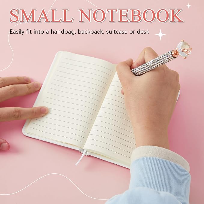 Rhinestone Pen & Glitter Notebook Set, Hard Cover Bling Diary Journal for Girls, Cute School Supplies for Back to School, Sparkly Desk Accessories Gift for Women(Rhinestone,A6,Silver)