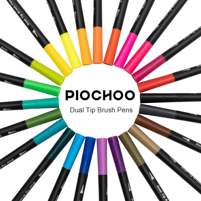 Piochoo Dual Brush Markers,60Colors Markers for Adult Coloring Books, Dual Tip Markers for School, Fine and Brush Tip for Adults Coloring Books, Calligraphy, Drawing, Sketching