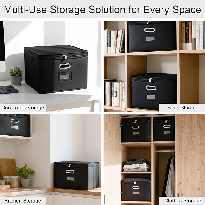 4 Pack File Organizer Boxes with Lids, Collapsible Document Storage Bin with Mesh Pockets & Zipper, Fits Letter/Legal Size Folders for Home Office Classroom Organization (Black, No Folders)