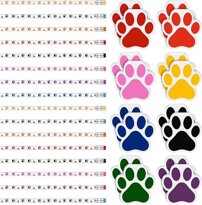 Weecent 32 Pcs Party Favors Kids Stationery Include 8 Colors Paw Print Pencil and Notpads Colorful Wooden Writing Pencils and Small Notebooks for Birthday Gifts Classroom Supplies
