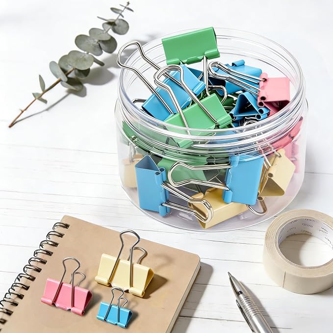Binder Clips Assorted Sizes, Durable Metal Binder Clips for Office, Cute Desk Supplies for Teachers Student (60, Colorful)