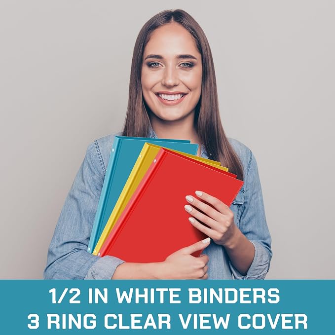Fulmoon 6 Pack Plastic 3 Ring Binder Assorted Colors Economy Flexible Round Ring Presentation Binders with Pocket for Office School Meeting(0.5 Inch,Rainbow Colors)