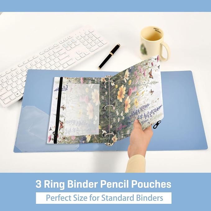 Butterfly Wildflower Pencil Pouch Fits standard 3-ring binders, Zipper Binder Pencil Bag with Clear Window for Office 2 Pack