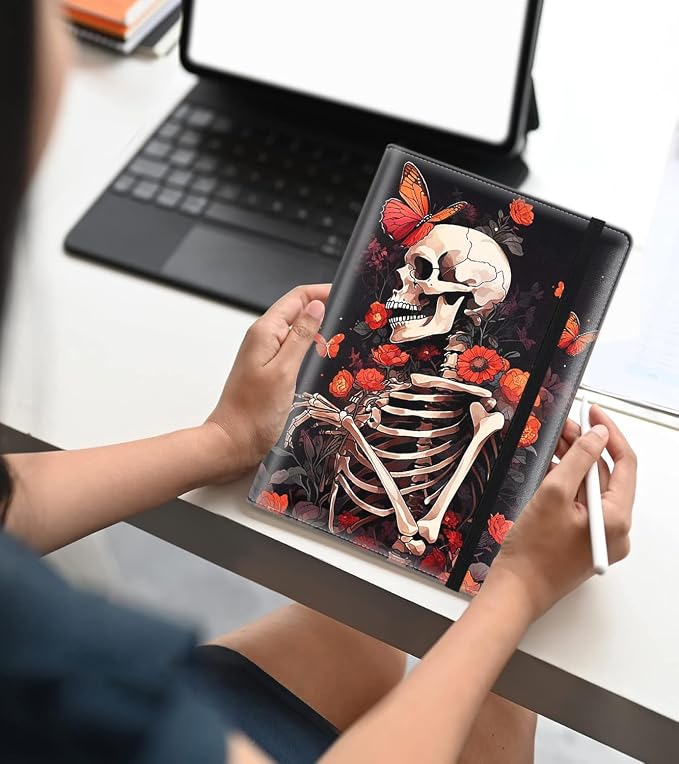 A5 Leather Lined Journal Notebook, 200 Pages Hardcover Executive Notebook for Men Women Office School Note Taking, Thick Writing Paper Daily Journal with Bookmarks/Indexes, Skeleton and Red Flower