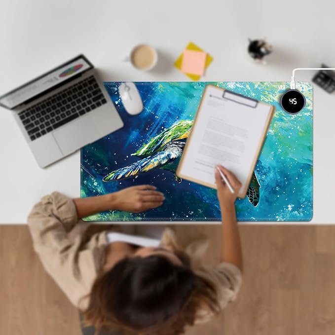 Heated Desk Pad Large Mouse Pad 23.6 x 14.1 inch with 3 Levels Heating & Auto Shut-Off Warm Mouse pad PU Leather Computer Mousepad for Home Office Work - Colorful Turtles
