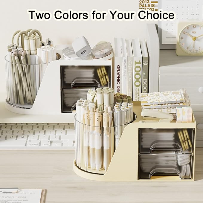 SAYEEC Rotating Desk Organizer with 2 Drawer, 6 Slots Multi-Functional Pencil Pen Holder, Desktop Makeup Organizer Stationery Accessories Storage Box Caddy for Office School Home Art Supplies (Beige)