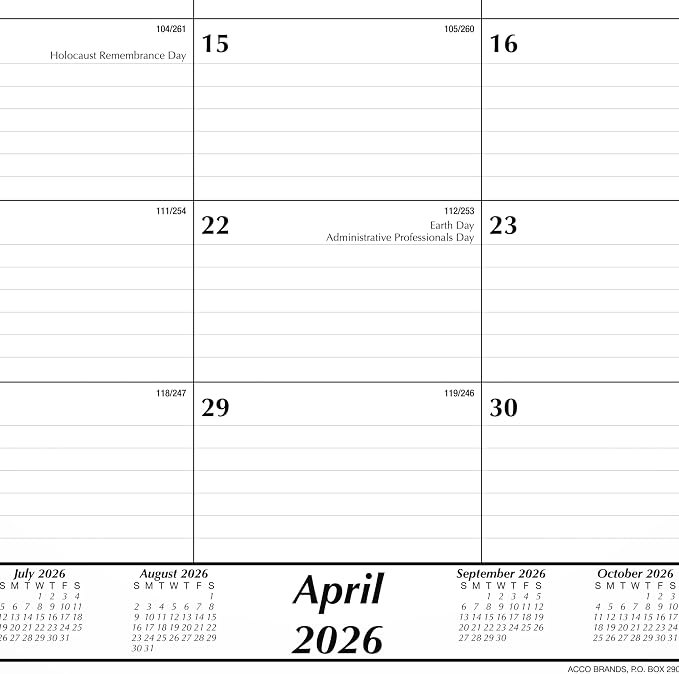 Mead Desk Calendar 2026-2027 Planning Pad, Academic 15-Month April-June, Monthly, 17.75" x 11" Compact, Ruled Daily Block (CAM82005)