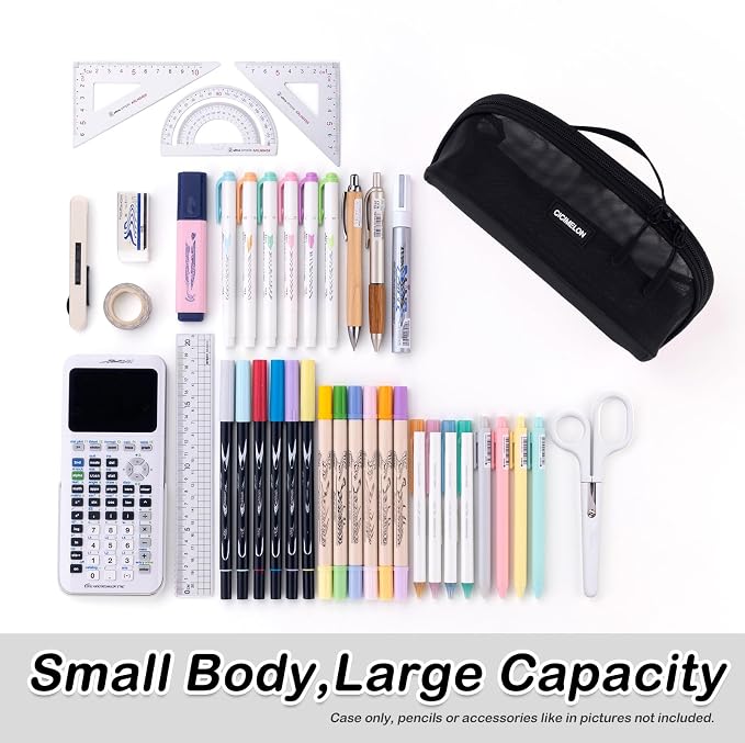 CICIMELON Mesh Pencil Pen Case Multi-Purpose Transparent Zipper Pouch for Stationery, Makeup, Travel Essentials Large Capacity Organizer Bag, Black