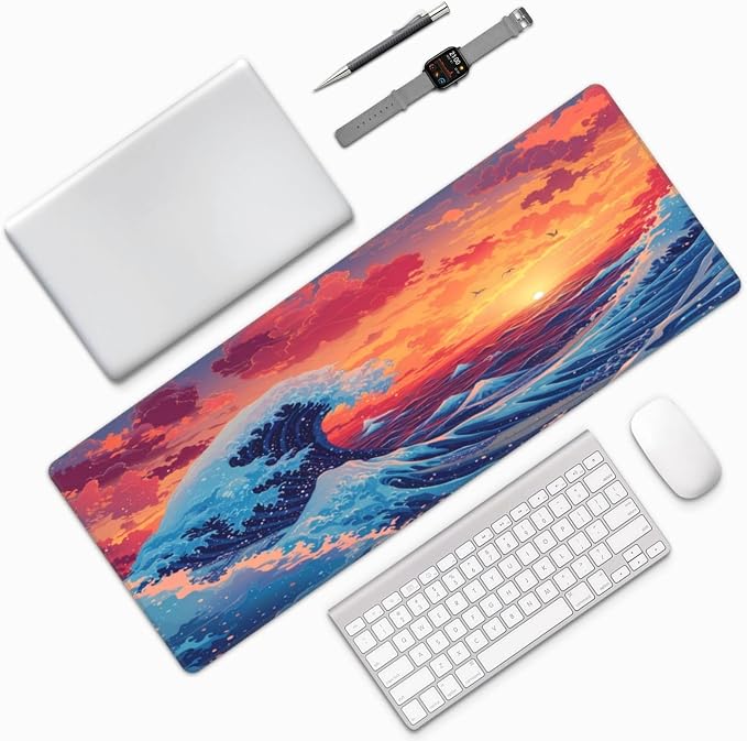 Gaming Mouse Pad Desk Pad,Extended Big Mouse Pad,31.5x11.8 Inch Long Computer Keyboard Mouse Mat Mousepad with 3mm Non-Slip Base and Stitched Edge for Gaming and Office⦠(Sunset Wave)