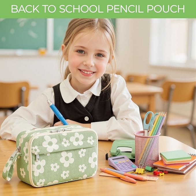 WOBAGMEN Cute Pencil Case,Large Corduroy Zippered Pencil Case Pouch, aesthetic Pencil Bag with Compartments, Pencil Pouch School Supplies (Cute Green Floral)