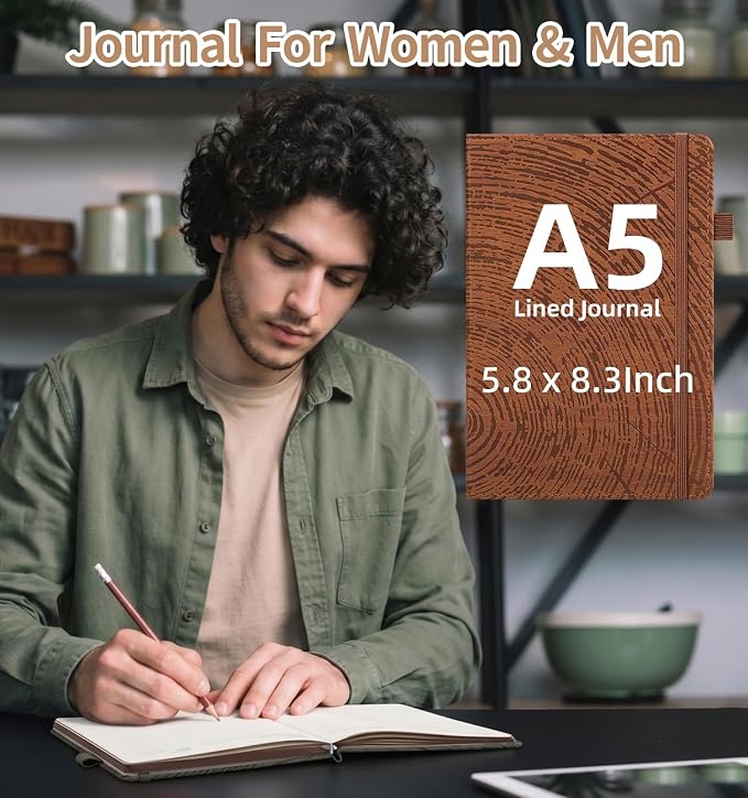 A5 Lined Journal Notebook for Women Men, Tree Ring Leather Journals for Writing, 200 Pages Thick Paper, Daily Journal Notebook for Work, School, Note Taking, Business, Travel, College Ruled