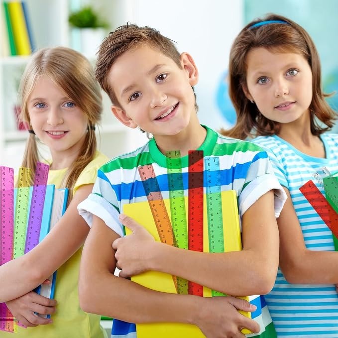 16 Pack Assorted Color Clear Rulers 12 inch, Plastic Ruler Bulks for Classroom, Transparent Metric Rulers for Kids with Inches and Centimeters for School, Home, Office Supplies