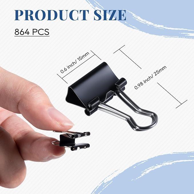 Small Binder Clips 864 PCS - Mini 15mm Paper Clip 5/8 Inch Paper Clamps | Bulk Micro Black Metal Binding Paperwork Clamp, School Teachers Office Supplies
