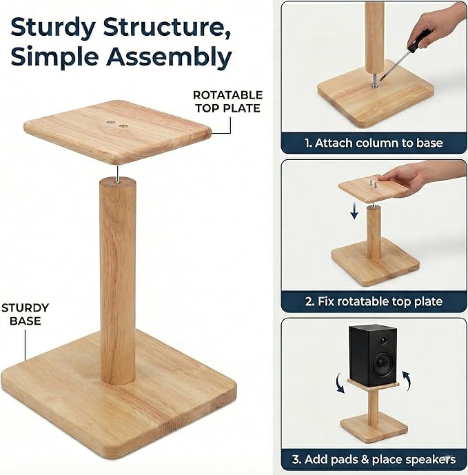 Desktop Speaker Stands Made of Pure Solid Wood, Natural Style, 360° Rotatable Top Plate, Suitable for Medium/Large Tabletop Speakers and Studio Monitors (Natural Oak_DSS9(9 inch))