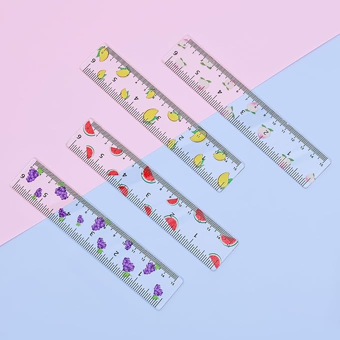 BAYTORY 4Pcs Transparent Acrylic Small Ruler 6 Inch, Straight Mini Rulers | Shatterproof Student Stationery Centimeters with Inches, for Classroom Essentials School Supplies (Fruit 6 Inch)