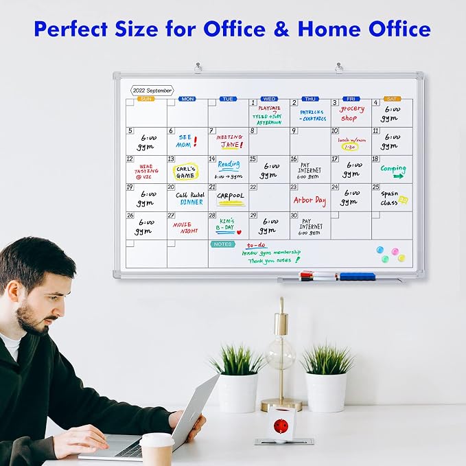 White Board Calendar Dry Erase for Wall, 36" x 24" Aluminum Frame | Magnetic Monthly Planner Board, Wall Mounted or Hanging. Calendar Design Suitable for Daily Planning of Home, Office, Class