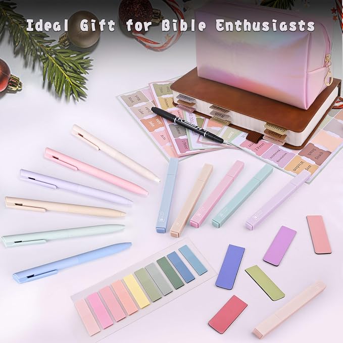 Bible Journaling Kit, Bible Study Supplies Set for Women & Men | Includes 6 No Bleed Bible Highlighters, 6 Pens, 90 Laminated Bible Tabs, Magnetic Bookmarks & Sticky Notes
