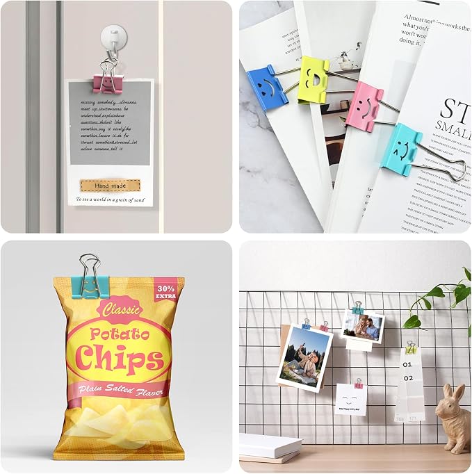100 Pack Binder Clips Paper Clamps Assorted Sizes and Colors Cute Binder Clips with Smiling Face Metal Paper Clamps for Office, School